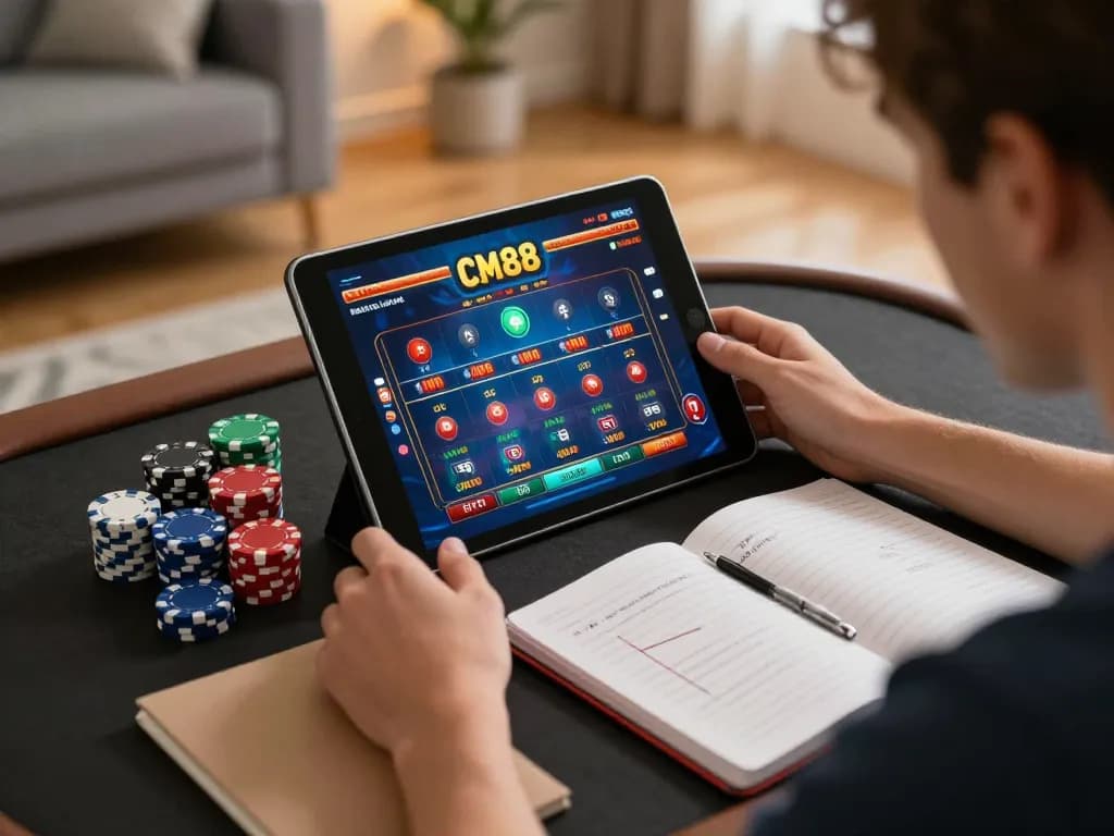 Engaged player using CM 88 tablet for online casino gaming, chips and strategy notes nearby.