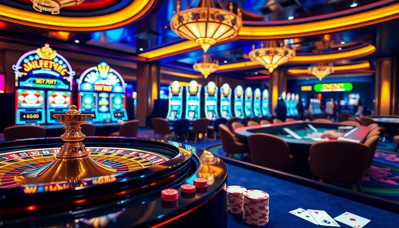 Experience thrilling gameplay at https://nohu90.tools/ in a vibrant casino scene featuring roulette, slot machines, and excited players.