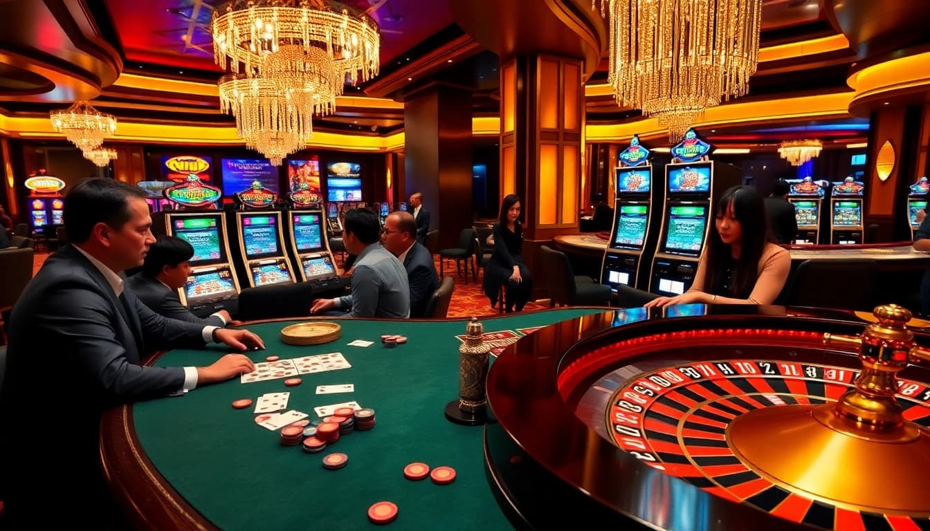 Experience the thrill of go8 nổ hũ in a vibrant casino atmosphere with roulette and slot machines.