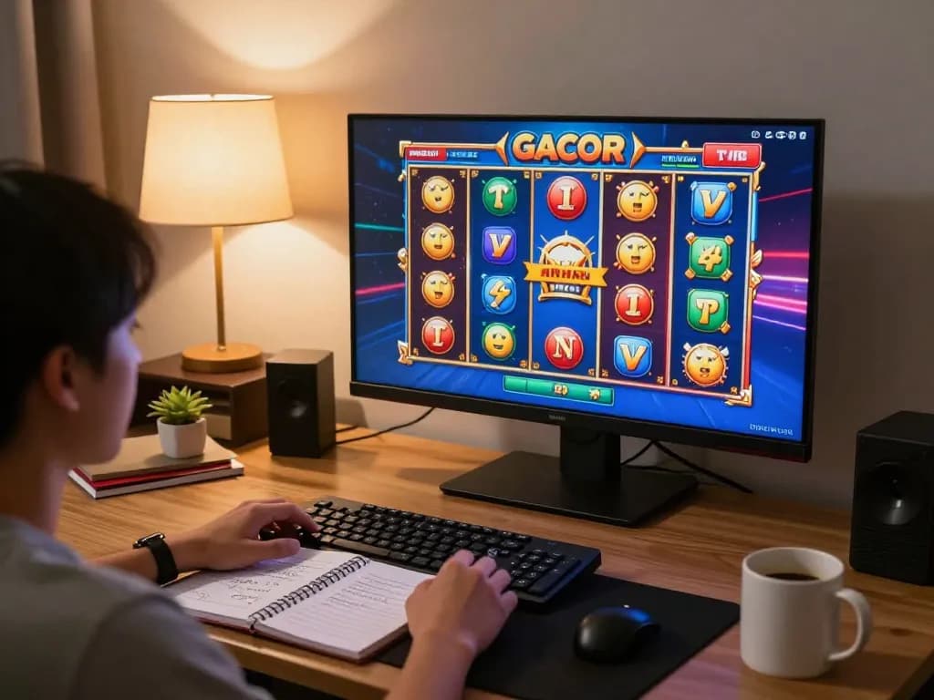 Engaging in a slot gacor gampang menang game on a tablet in a cozy living room setting.