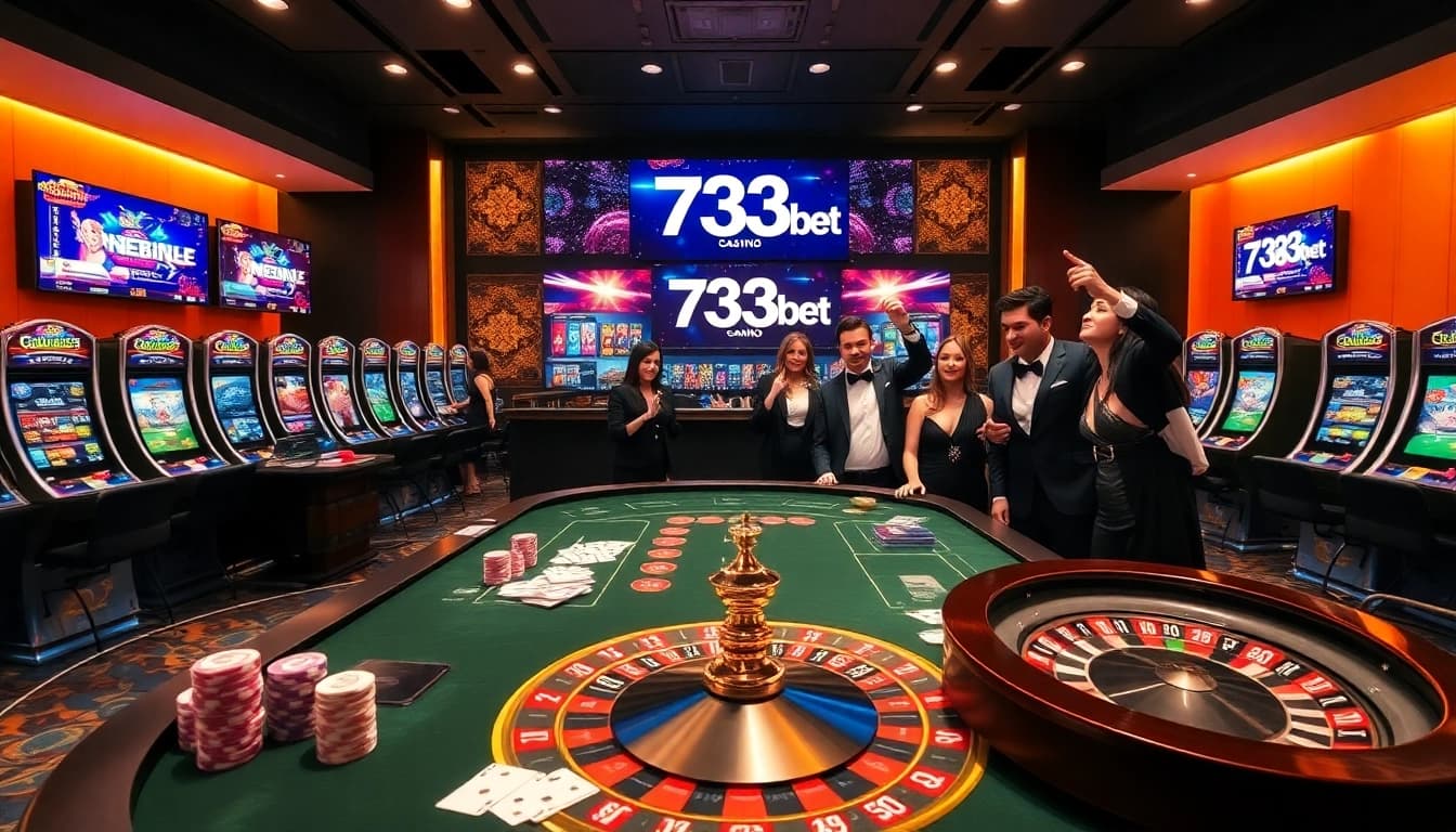 Exciting moment at 733bet casino with players enjoying poker and roulette games.
