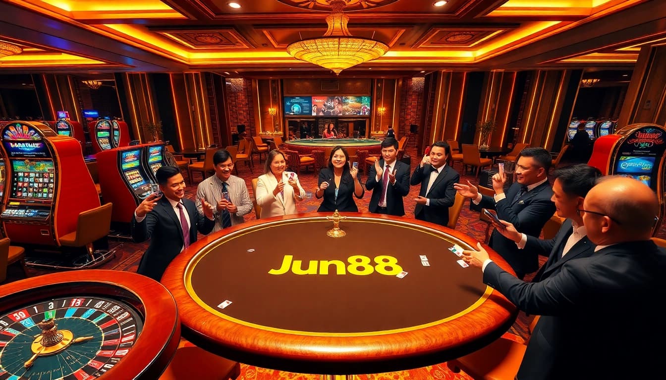 Players enjoying an exciting game at the Jun88 casino table, experiencing thrilling moments.