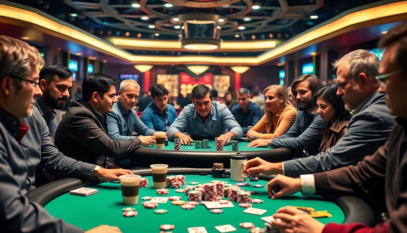 Intense poker game featuring diverse players at a casino table, showcasing high-stakes action.