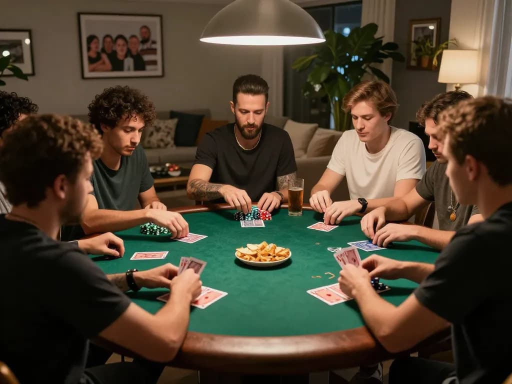 Friends enjoying a poker night at home with engaging Texas Hold'em action, fly88 gaming experience captured.