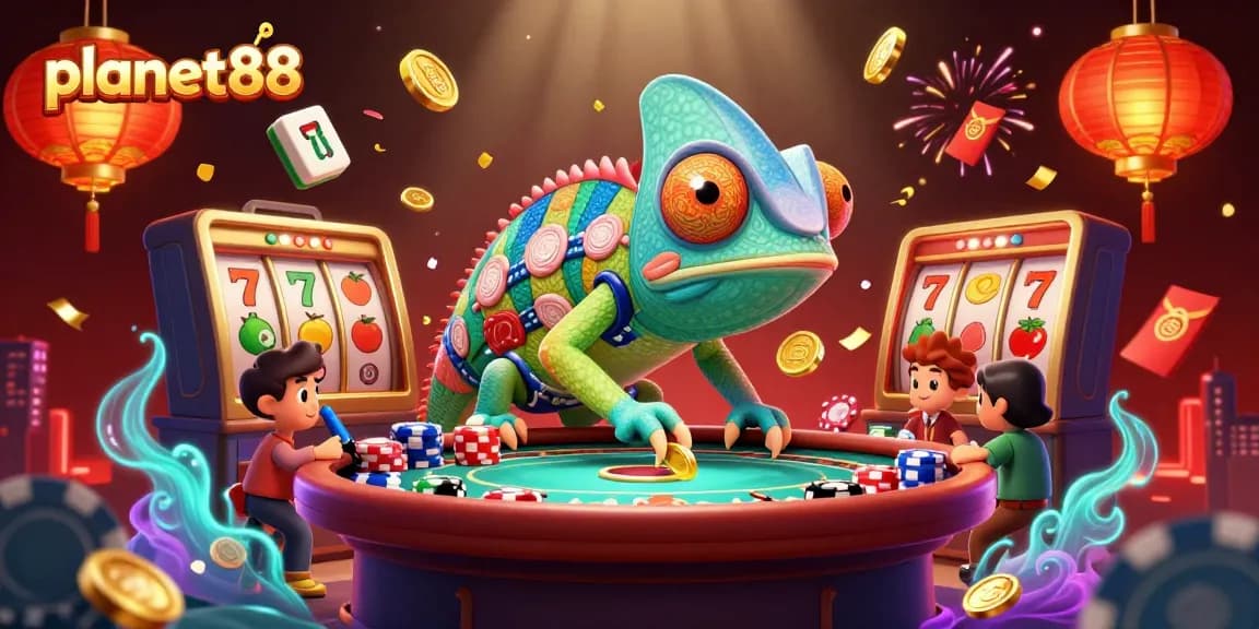 Win big with planet88's vibrant gaming atmosphere, featuring a colorful chameleon owning the casino.