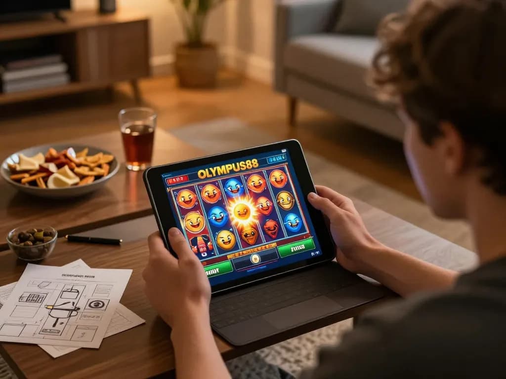 Engaging gameplay on OLYMPUS88 slot game, showcasing vibrant reels and cozy setting.