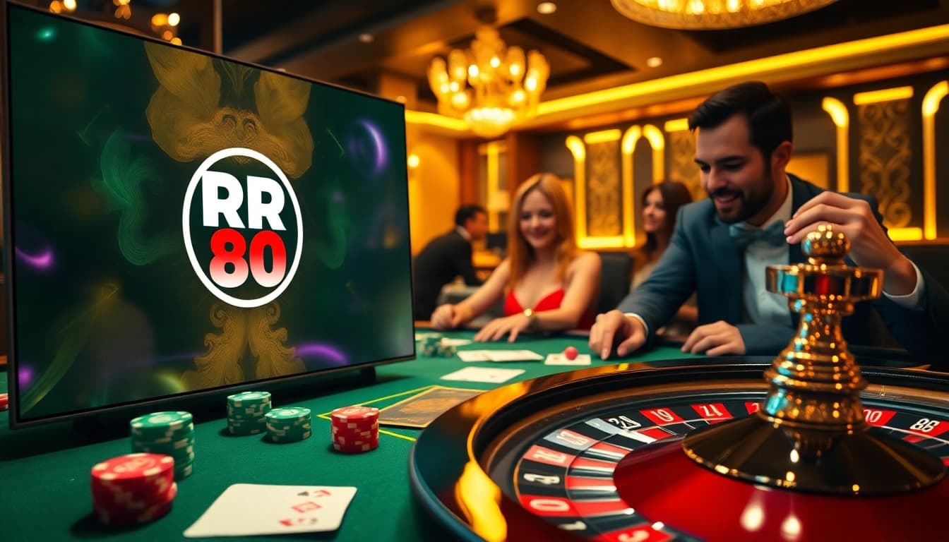 Experience the thrill of RR 88 with vibrant poker chips and a roulette wheel in an elegant casino scene.