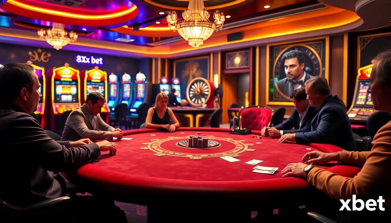 Players strategize at a high-stakes poker table in a luxurious 8xbet casino atmosphere.