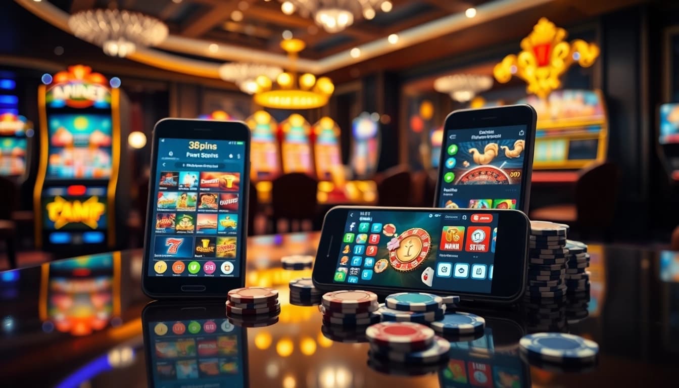 The s8 app interface displayed on a mobile device amid an exciting casino scene with vibrant gaming elements.