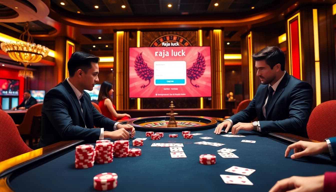A engaging casino scene with "raja luck login" displayed, showcasing high-stakes poker action with vibrant chips and lighting.
