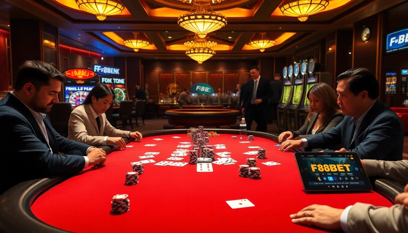 The vibrant poker table at F8BET.me.uk showcases colorful chips and engaged players in a luxurious casino atmosphere.