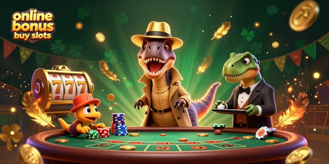 Watch the online bonus buy slots action unfold with a colorful scene featuring a velociraptor card counter and more.