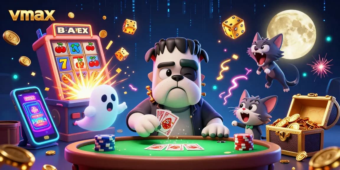 Experience thrilling betting with vmax as Frankenstein bulldog deals cards surrounded by jackpot treasures.