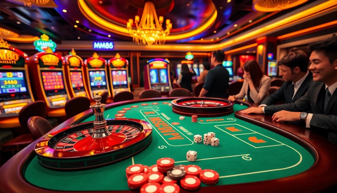 Players strategizing at the MM88 poker table in a vibrant casino setting.