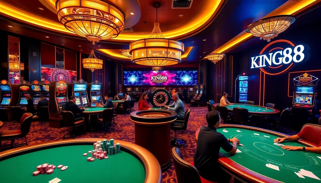 Experience the excitement of KING88 at a luxurious casino with vibrant slot machines and poker tables.