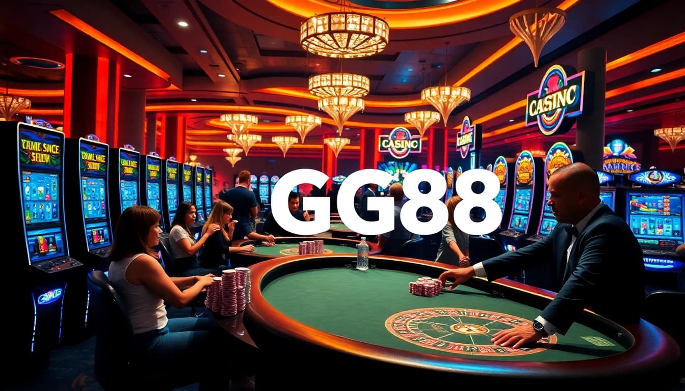 Excitement at GG88's luxury casino with players enjoying roulette and slot machines.