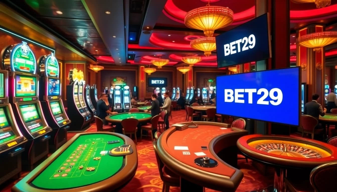 Exciting casino scene with BET29 logo and players engaging in table games and slot machines.