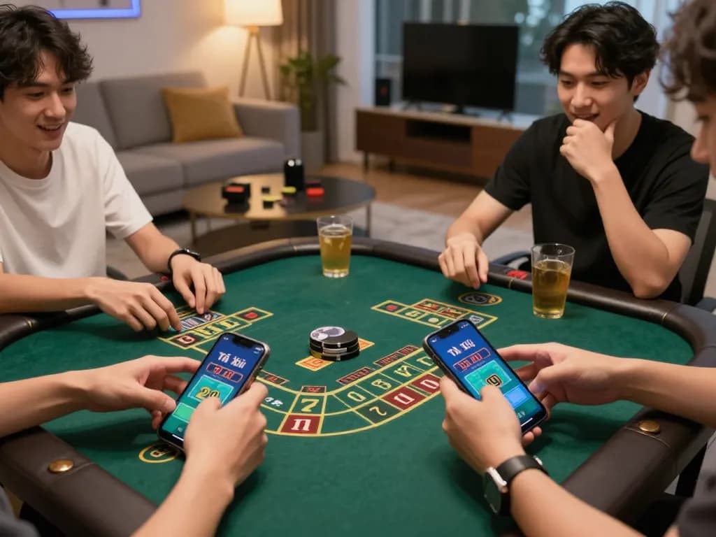 Players enjoying an exciting tài xỉu online session on a smartphone in a cozy home environment.