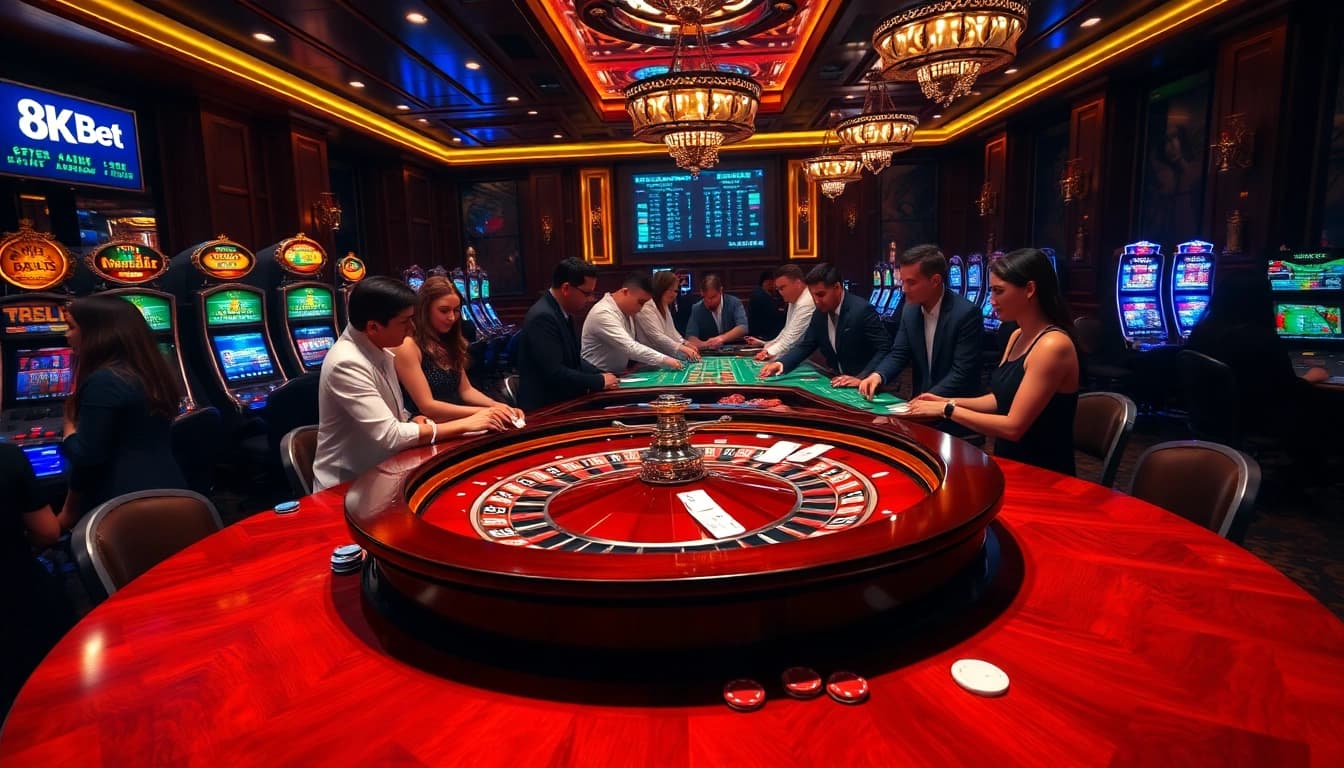 Experience high-stakes gaming with 8kbet at a luxurious casino atmosphere filled with excitement.
