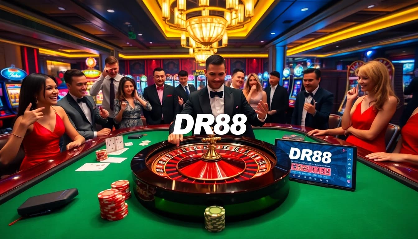 Tải DR88 app on mobile devices while players enjoy gaming at a luxurious casino table.