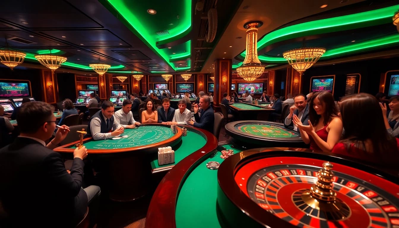Engaged players enjoying various games at MM88's vibrant casino lounge.