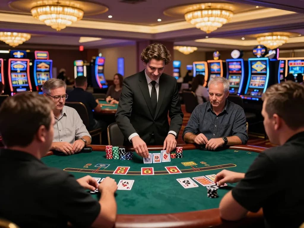 Engaged players at 888 VI blackjack table strategizing their moves amid casino excitement.