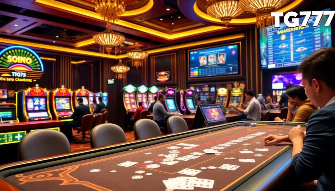 Players enjoying a thrilling game at TG777 casino with vibrant slot machines and poker tables.