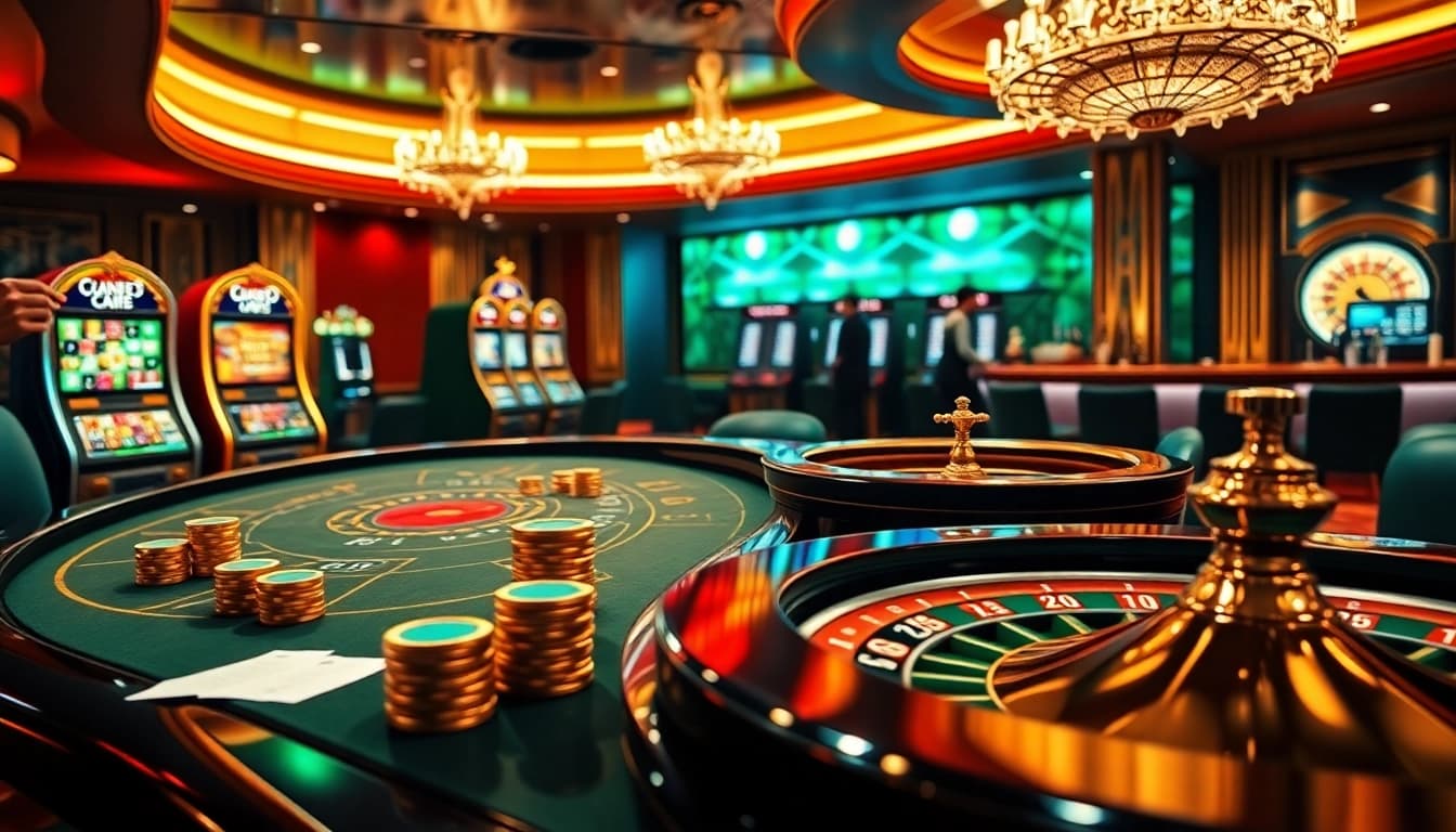 Players enjoying high-stakes action at 789club casino with poker chips and colorful slot machines.