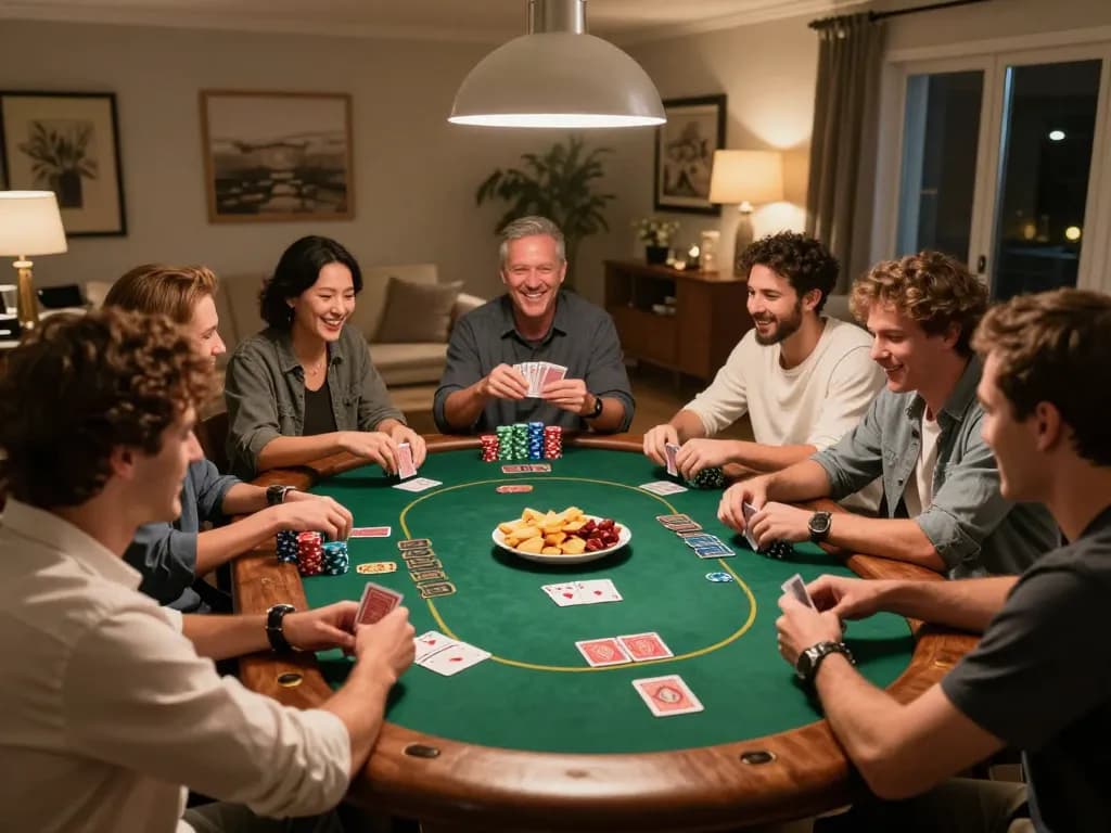 Kuwin players enjoying an exciting home poker night with friends, showcasing a lively atmosphere and engaging gameplay.