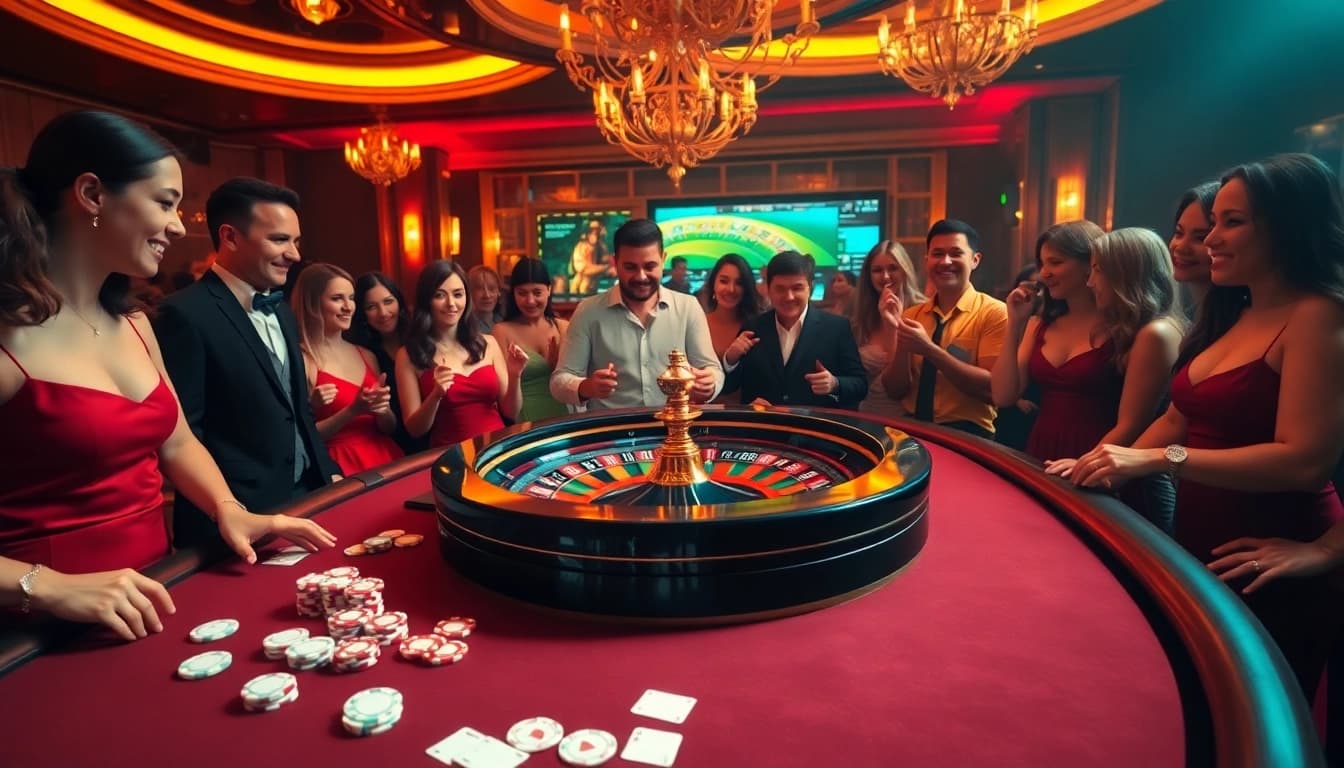 Excited players enjoying a roulette game at rik vip online casino, showcasing vibrant casino elements.