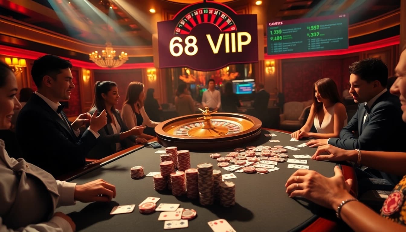 Experience the thrill of 68VIP casino with live poker and roulette games in an elegant setting.