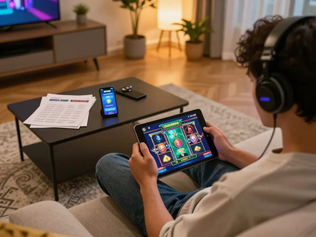 Memainkan permainan slot di aplikasi 88Pulsa dari sofa yang nyaman, menampilkan perjudian online yang strategis.