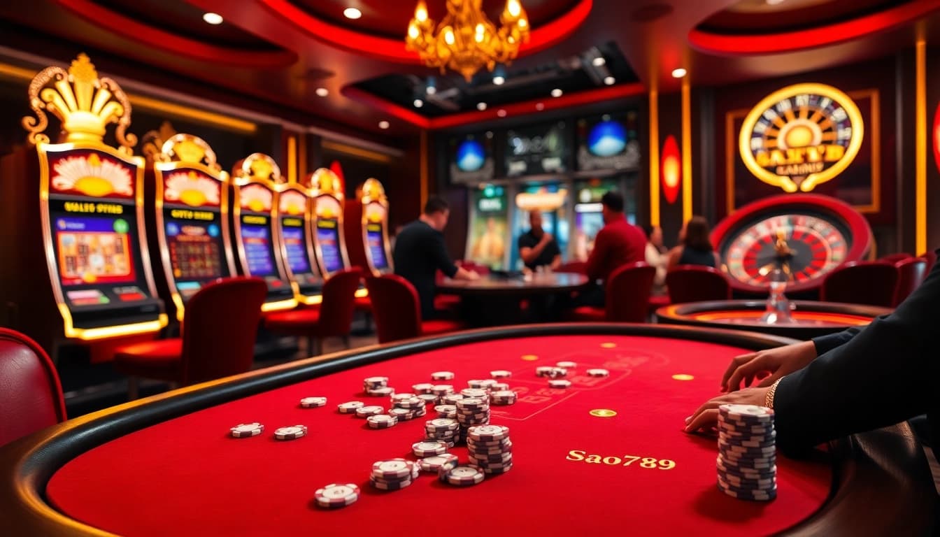 Sao789 players engaging in high-stakes poker, surrounded by vibrant casino visuals and rich gaming elements.