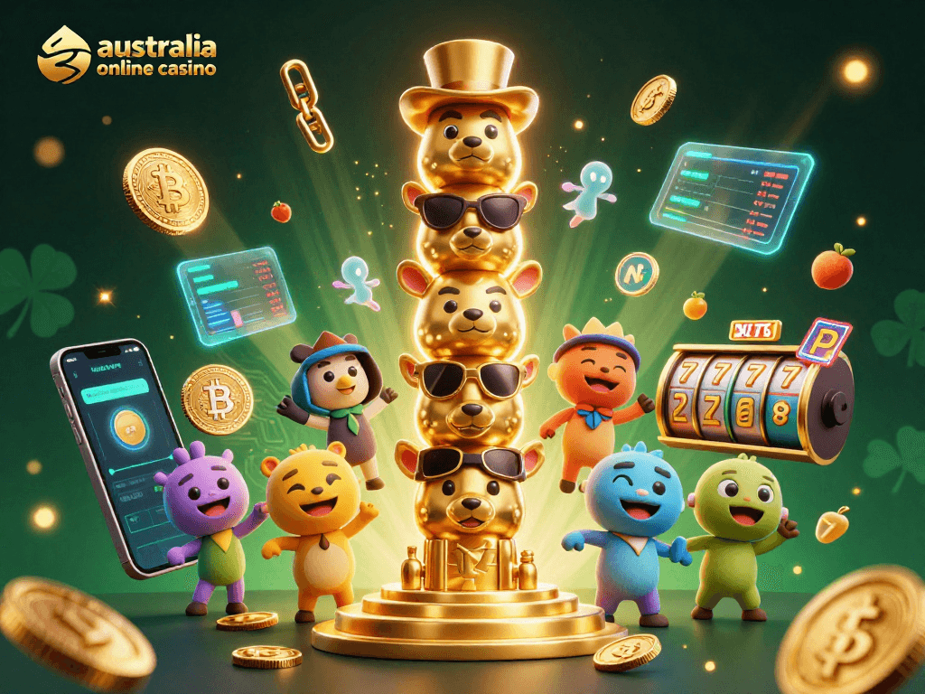 Experience the excitement of australia online casino with vibrant 3D illustration featuring lucky totem poles, coins, and slot symbols.