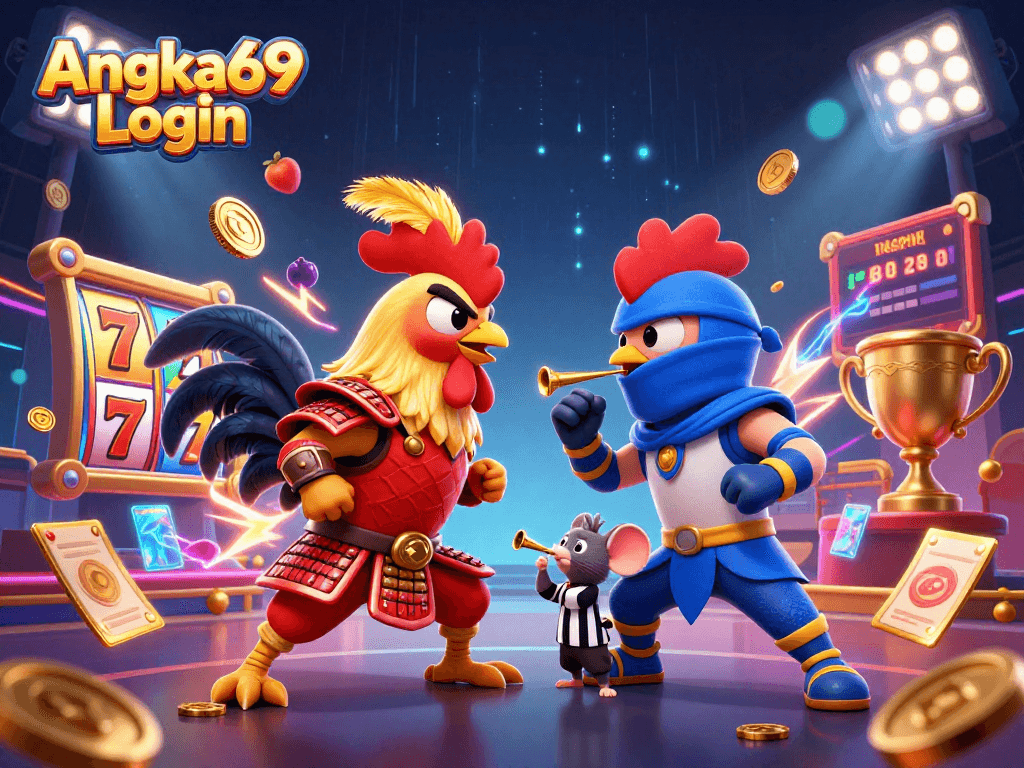 Experience gaming excitement with Angka69 Login as fighting roosters face off amid dynamic slot elements.