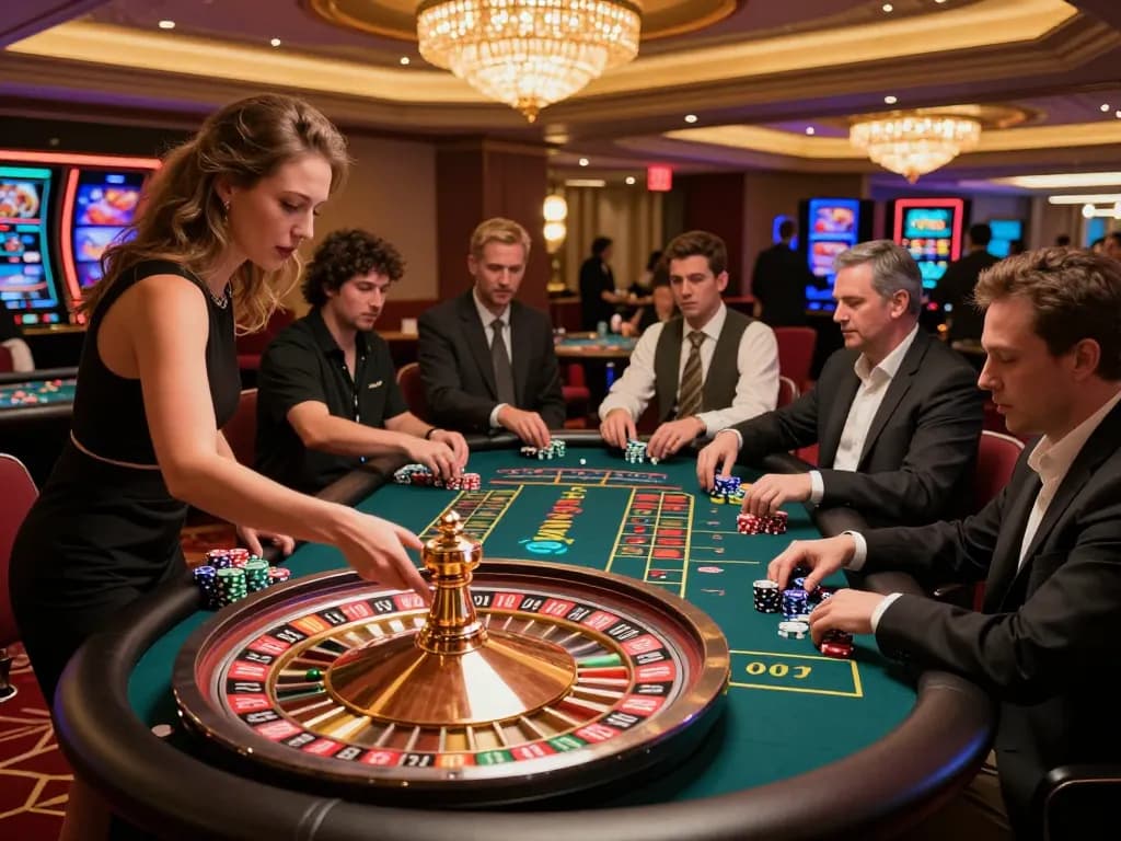 KONG88 players enjoying a thrilling moment at a roulette table in a lively casino atmosphere.
