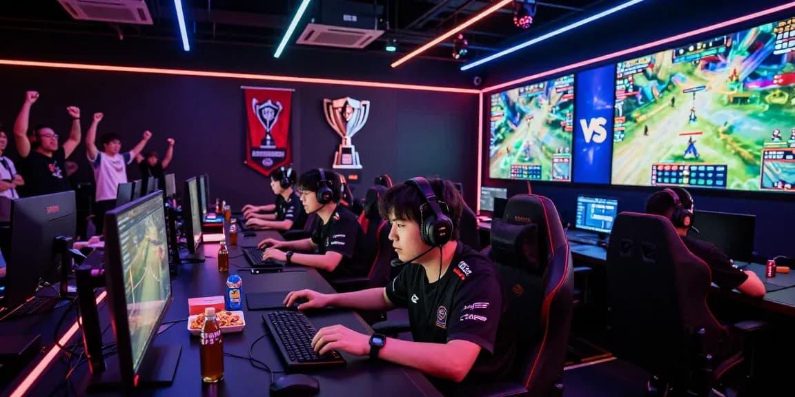 Pemandangan arena esports dengan pemain fokus pada layar permainan 68gb, sorakan penonton dan pencahayaan dinamis.