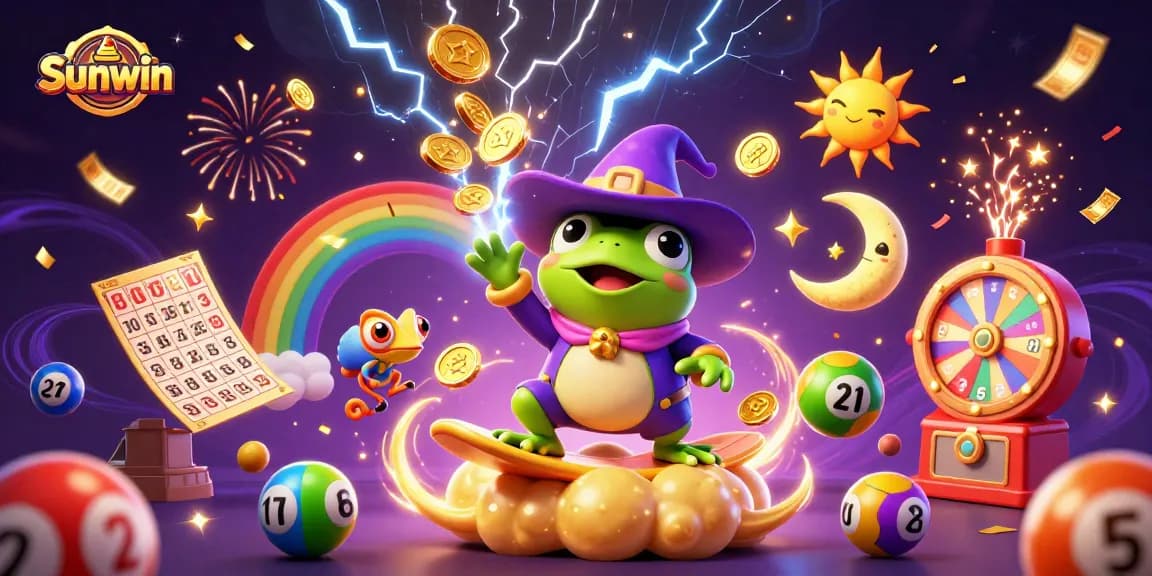 Sunwin lottery wizard frog conjures golden coins amid colorful gaming elements in a lively casino scene.