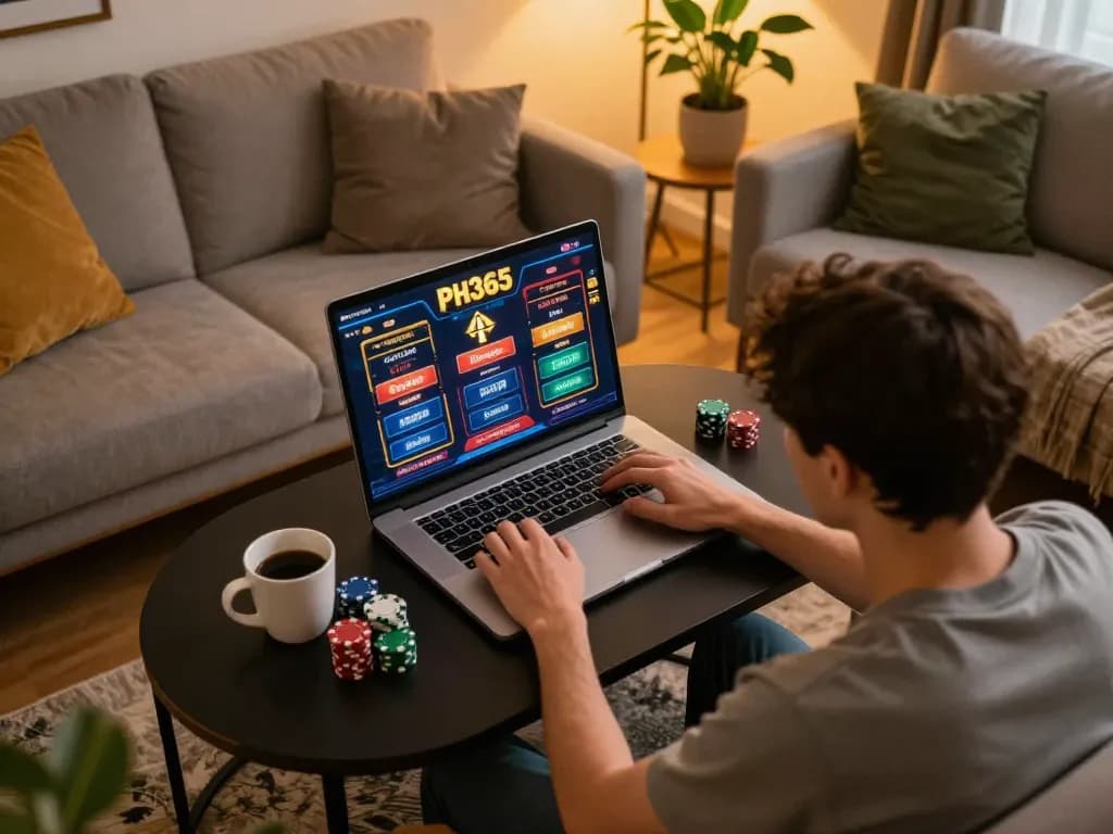 Player engaging with the PH365 online casino platform in a cozy home setup, capturing the thrill of gaming.
