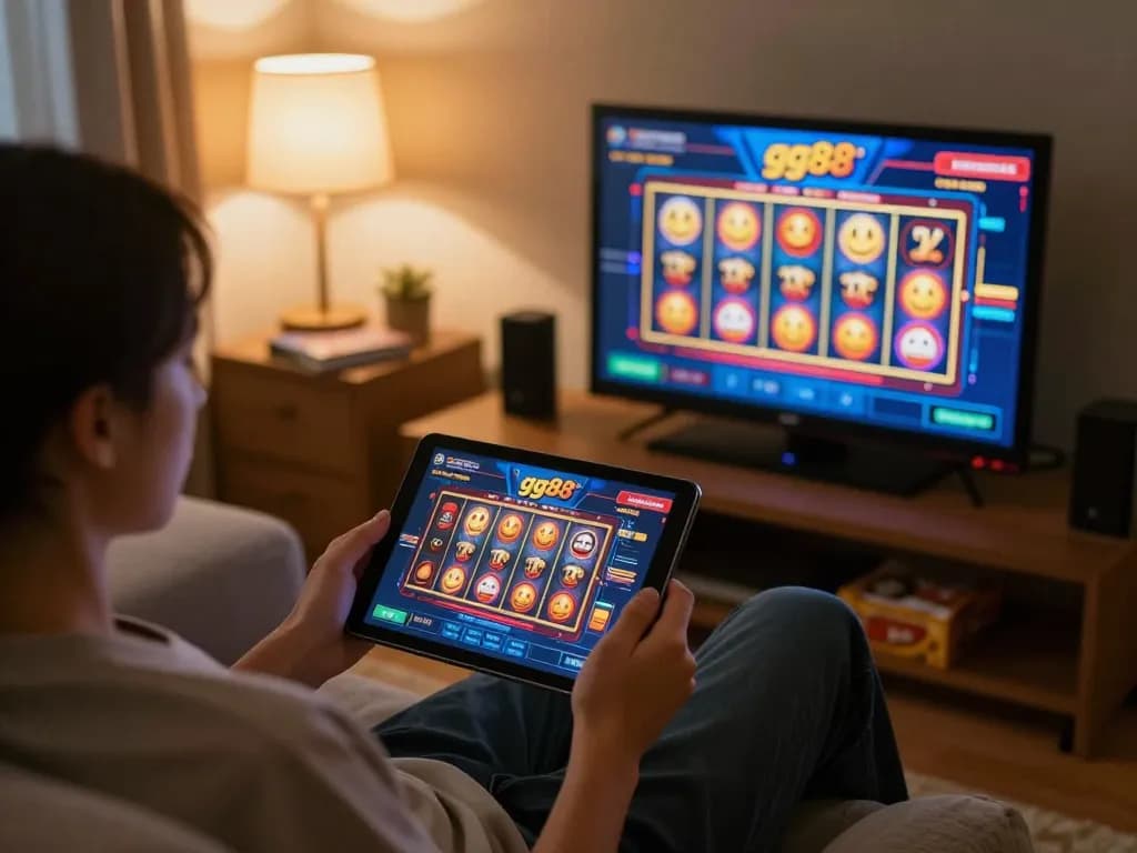Engaged player enjoying gg88 online casino gaming at home with tablet, cozy atmosphere.