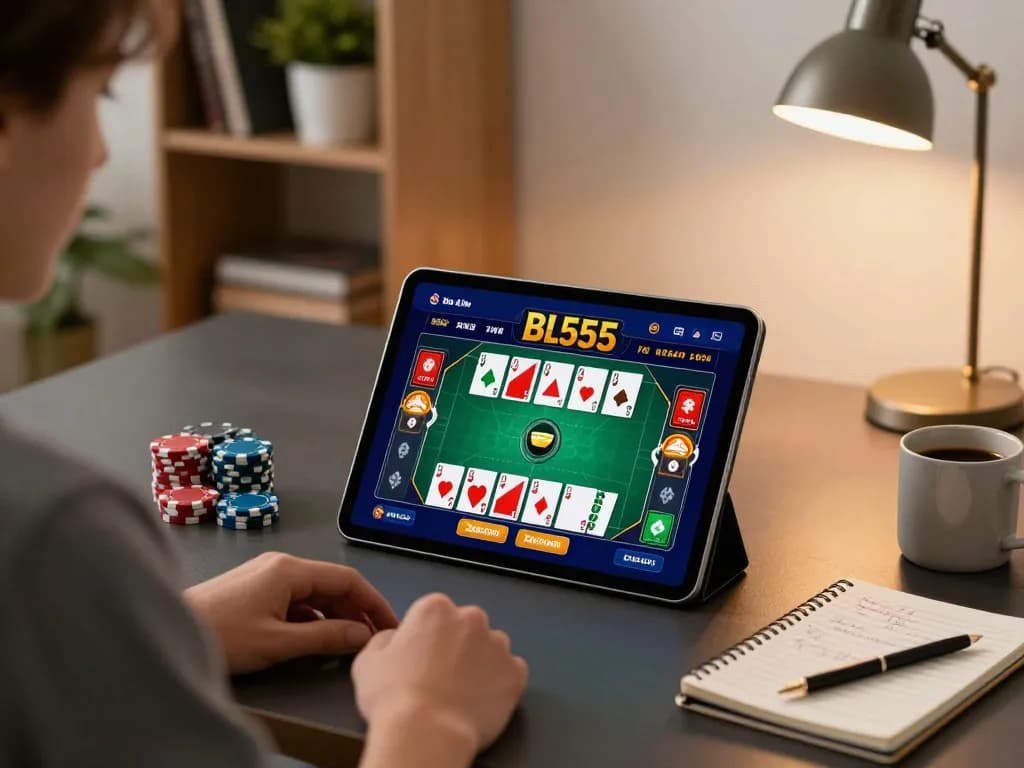Engaged player exploring the Bl555 casino app interface for online card games, showcasing a cozy, strategic gaming setup.