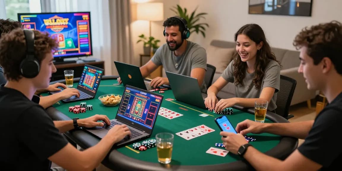 Friends enjoying an online game on Rikvip with chips, cards, and vibrant screens in a cozy living room.