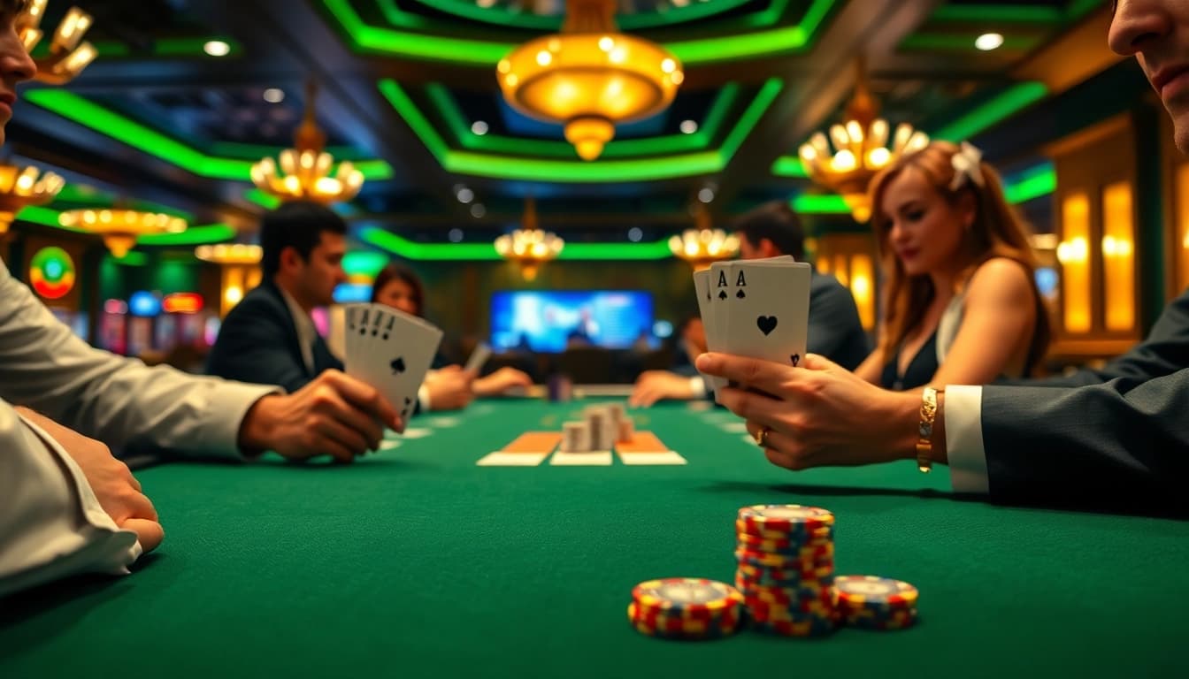 Experience the excitement of Blackjack Casino with focused players at an elegant gaming table.