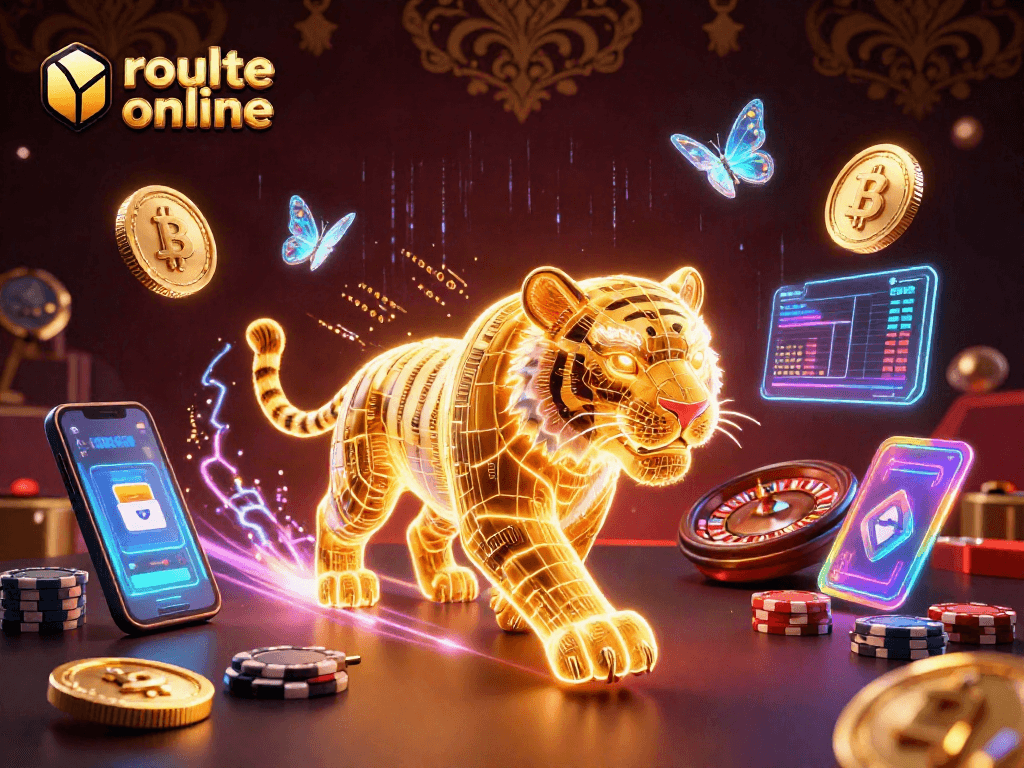 Engage in roulette online while exploring a vibrant casino scene with golden tiger and crypto elements.