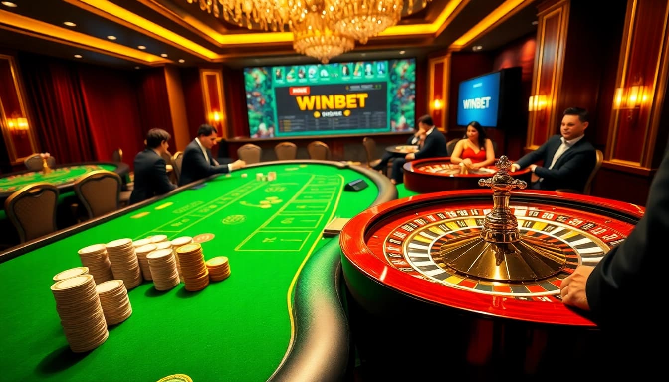 Experience the thrill of WINBET with a luxurious casino table and vibrant gaming atmosphere.