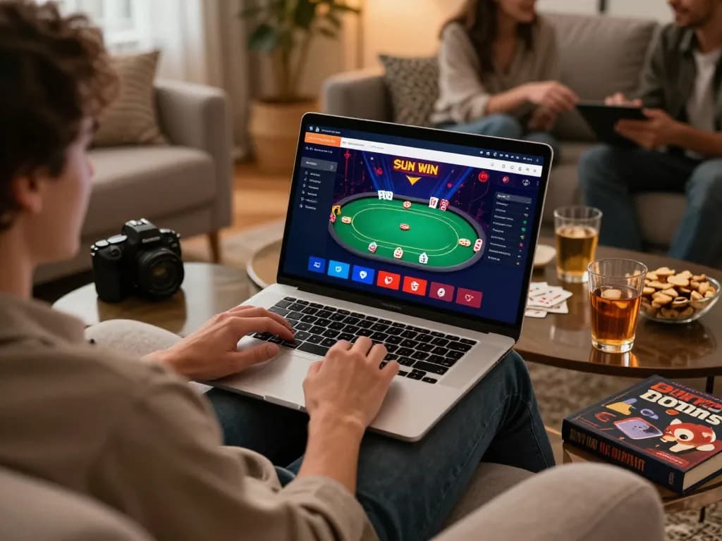 Engaging with the Sun win platform while enjoying a home gaming night with friends.