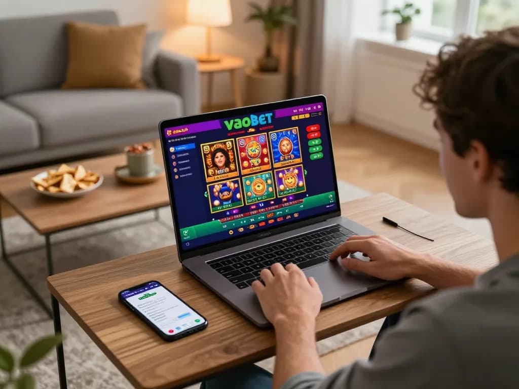 Player exploring vaobet online casino interface on laptop, showcasing engaging gameplay atmosphere at home.