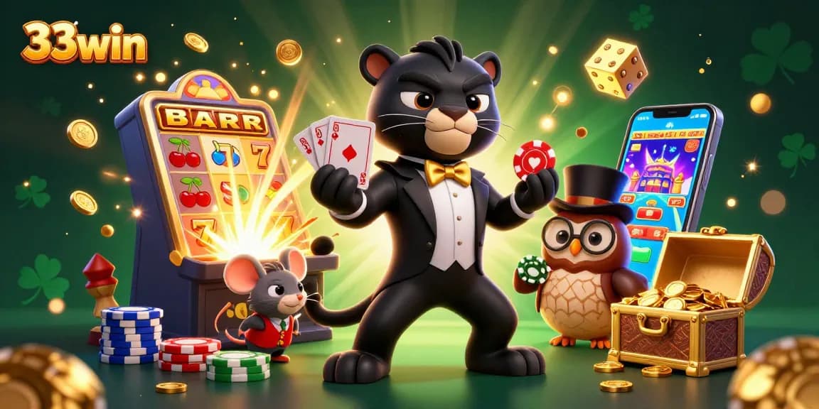 Engage in exciting slots at 33win with an ultra-detailed casino scene filled with vibrant characters and dazzling jackpots.