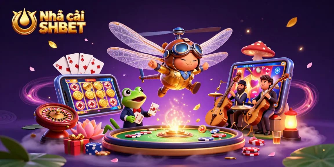 Enjoy interactive gambling with Nhà cái SHBET, featuring a vibrant 3D casino scene of a dragonfly pilot and frog dealer.