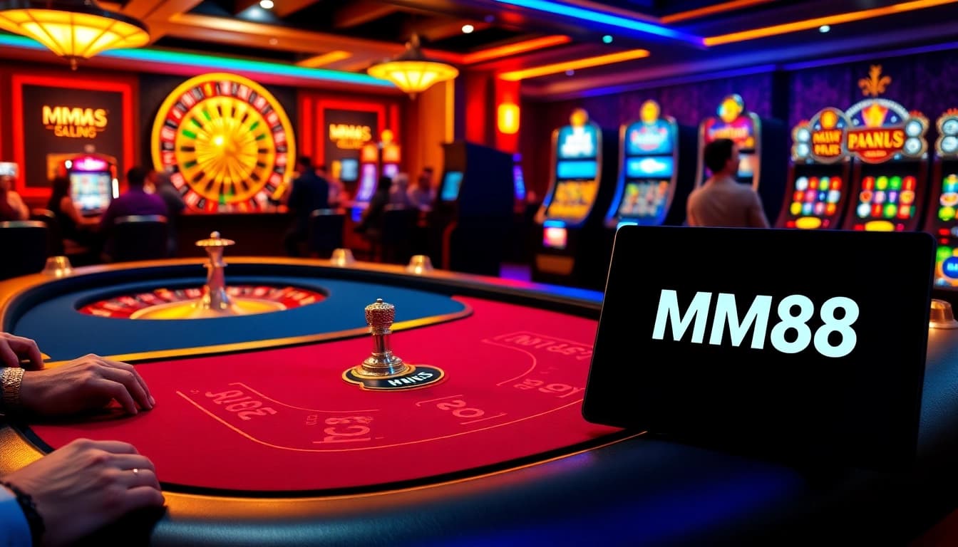 Action-packed online gaming scene at nhà cái mm88 with poker table, roulette wheel, and vibrant slot machines.